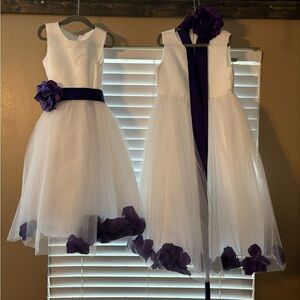 Floral/flower girl/wedding white dress with purple flowers/sash.